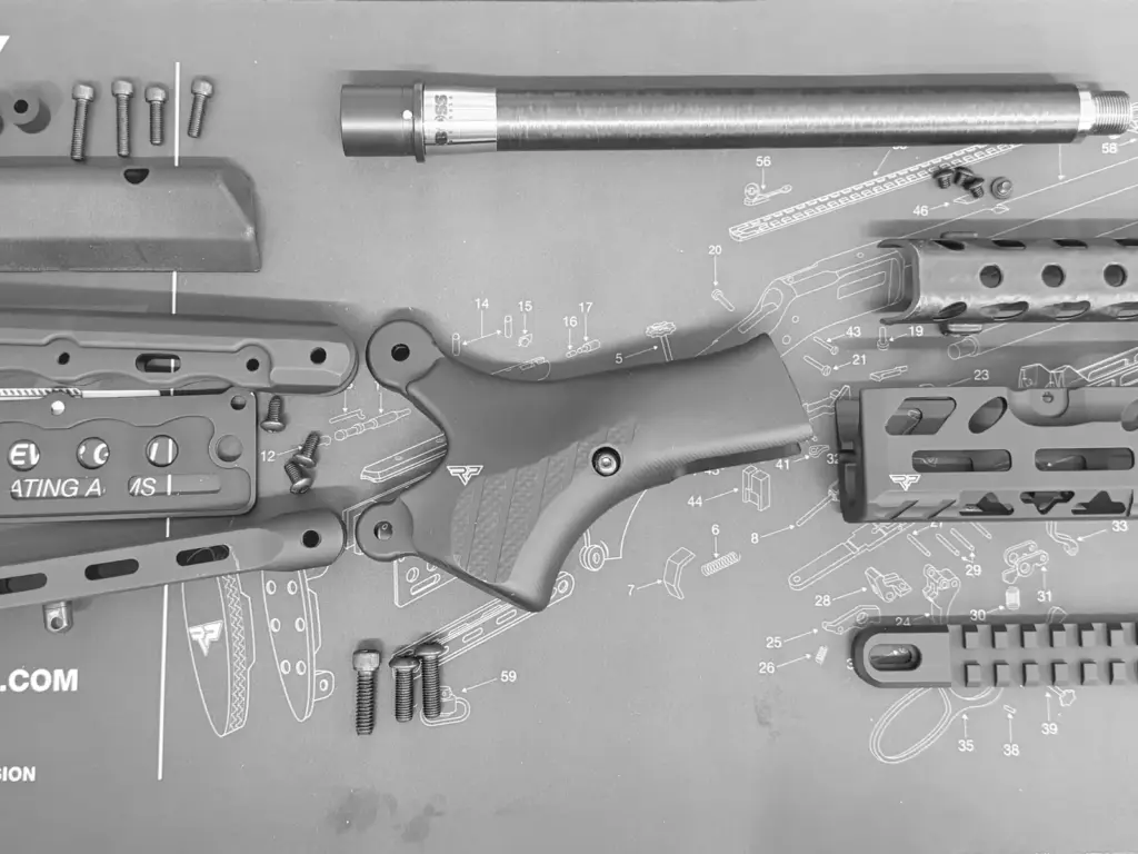 Ranger Point Precision handguards and conversion components arranged on a component mat