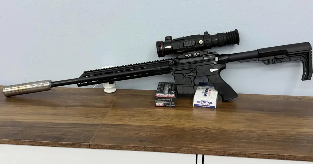 Completed rifle shown in profile on a work surface