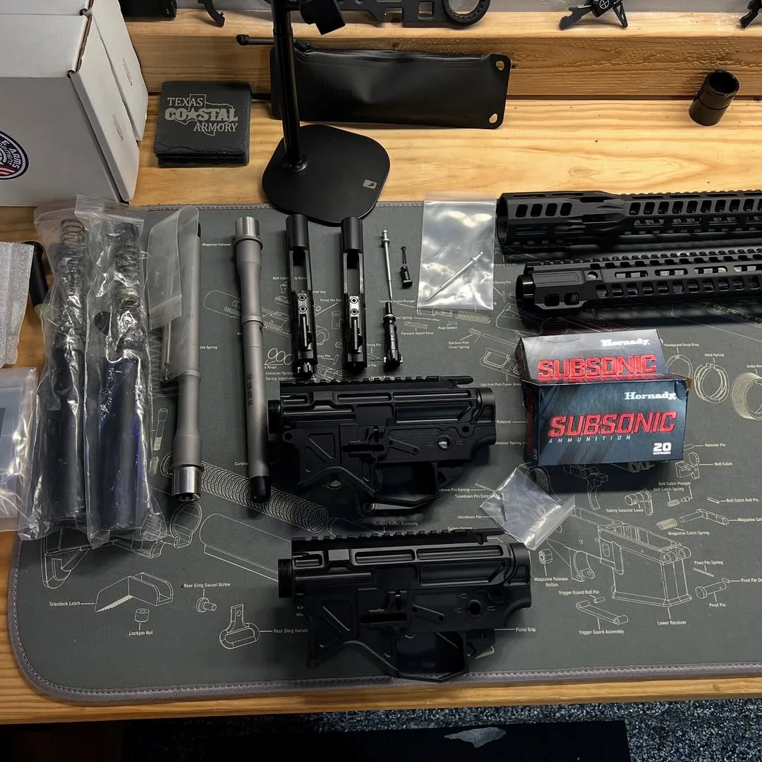Rifle components arranged for a custom-build project