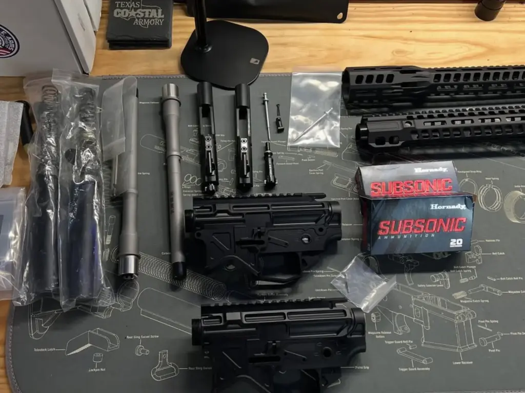 Conversion components arranged on the Texas Coastal Armory workbench